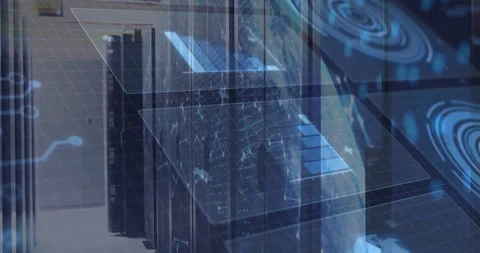 Projecting blue grid onto server rack tracing circuit pathways rotating Stock Footage 312486159