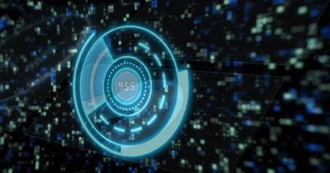 Projecting blue hologram interface floating in digital grid, with pixel blocks Illustrazione stock