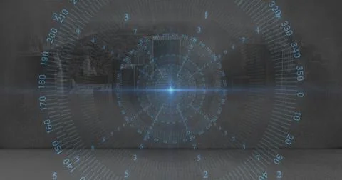 Projecting blue holographic circular interface floating in industrial lab, with Illustrazione stock