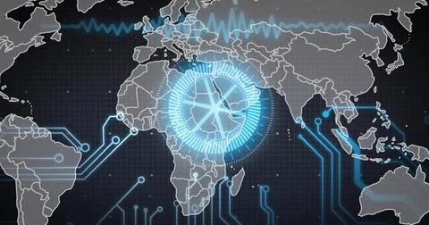 Projecting blue HUD over central Africa on virtual dashboard, showing map Stock Photos