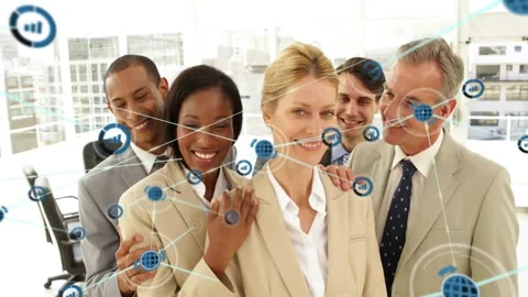 Projecting blue node over front executive, five execs wearing blazers adjusting, Video stock 331756971