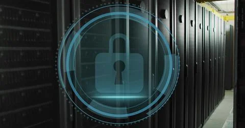 Projecting blue padlock icon with circular UI overlays in data center corridor, Stock Illustration