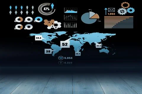 Projecting blue world map on dark wall, showing charts, infographic icons, Illustrazione stock
