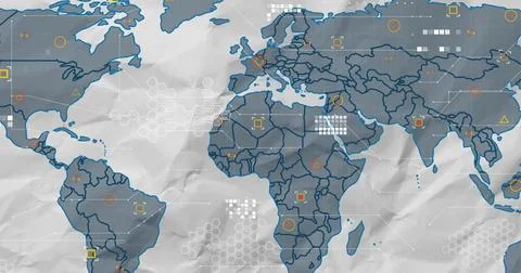 Projecting blue world map outlines with hexagon clusters and dotted grid arrays Illustrazione stock