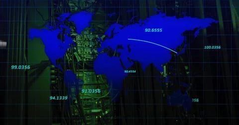 Projecting blue world map overlay over server rack in data center, with grid Stock Illustration