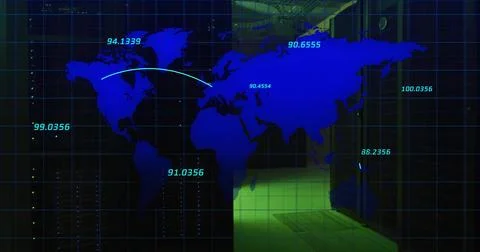 Projecting blue world map on teal grid in control hub, displaying cyan metrics, イラスト素材