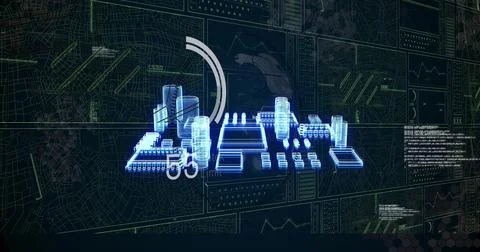 Projecting centered holographic 3D model hovering over virtual display, with arc Stock Illustration