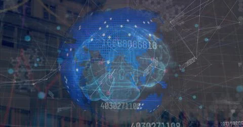 Projecting central 3D brain globe over trading charts with lock icon, numbers, Fotos Stock
