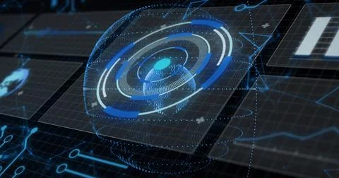 Projecting central 3D interface rotating data rings above dark grid platform, Stock Illustration