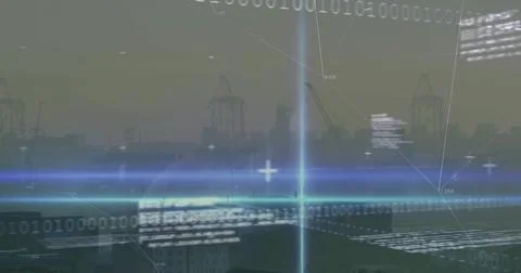 Projecting central AR overlay over port, showing cranes, roofs, cyan band, be 스톡 사진