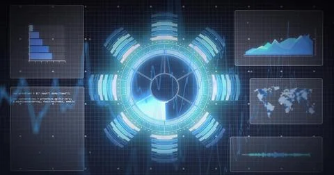Projecting central circular digital interface over virtual dashboard, showing Stock Illustration