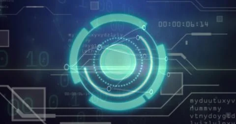 Projecting central circular holographic interface displaying rings, nodes, timer Foto stock