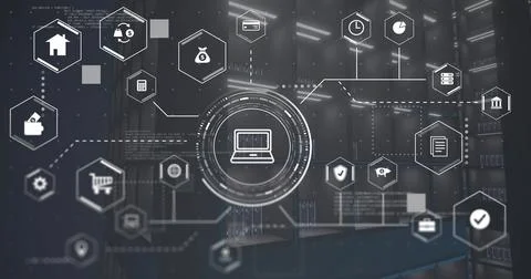 Projecting central circular HUD containing laptop icon in data center, linking Illustrazione stock