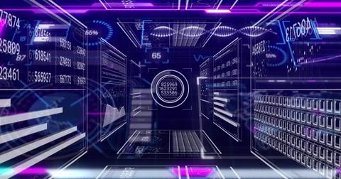 Projecting central circular HUD displaying numeric codes in neon data corridor, Stock Illustration