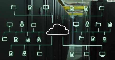 Projecting central cloud icon radiating neon-green lines across server room Stock Photos