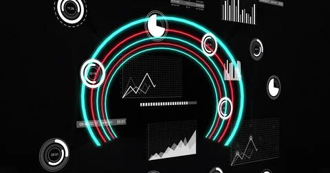 Projecting central dashboard floating in HUD, with concentric teal and red arcs, Illustrazione stock