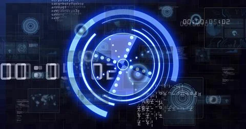 Projecting central holographic circular interface spinning over dark grid, with Stock Photos
