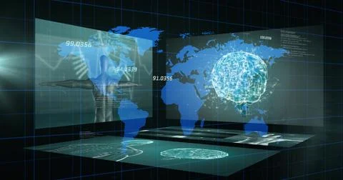 Projecting central holographic data display across virtual lab, showing world Stock Illustration