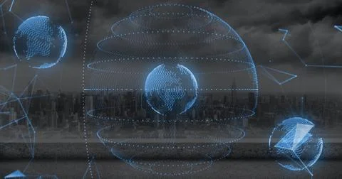 Projecting central holographic globe hovering above rooftop overlooking skyline Stock Photos