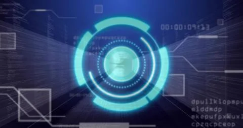 Projecting central holographic interface with rings above virtual grid, 스톡 일러스트