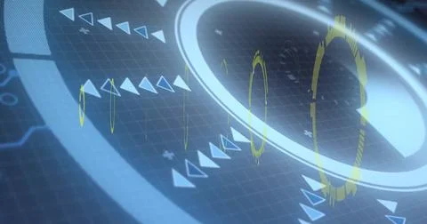 Projecting central holographic ring hovering over dark grid, with yellow Stock Photos