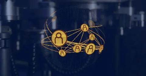 Projecting central holographic sphere in data center, showing gold nodes and Stock Photos