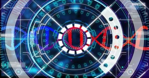 Projecting central holographic UI hub with concentric rings and DNA strand on Stock Illustration