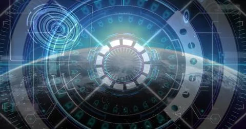 Projecting central HUD interface over planet horizon in orbit, with segmented 스톡 일러스트