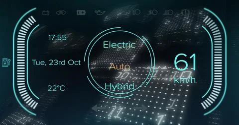 Projecting central HUD on windshield at night, displaying 61 km or h, Auto mode, Stock Photos