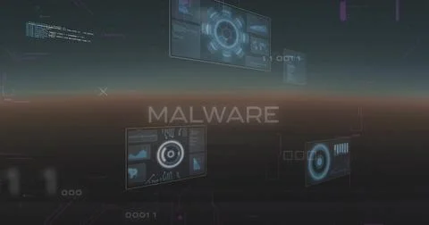 Projecting central MALWARE label hovering in cyber interface, with HUD panels Foto stock