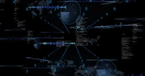 Projecting central radial data streams and code snippets in virtual dashboard, Foto stock