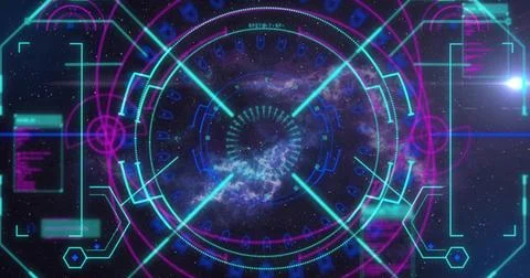 Projecting central ringed HUD reticle with cyan magenta beams over starfield, Stock Illustration