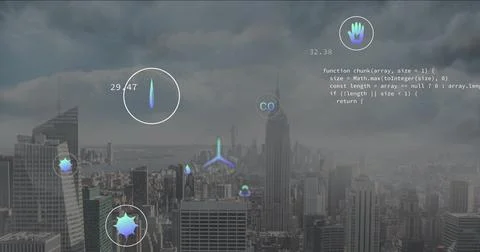 Projecting circular data readouts over dense metro skyline under cloudy sky, Stockfoto's