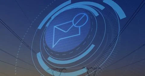 Projecting circular digital interface over power grid at dusk, with message icon Stock Illustration