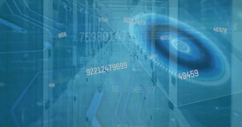 Projecting circular holographic data display in data center with server racks, Stock Photos