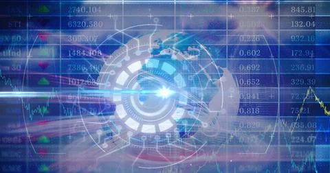 Projecting circular holographic interface over fading world map in dashboard, Stock Illustration