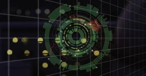 Projecting circular holographic interface over 3D grid in control room, with Fotos Stock