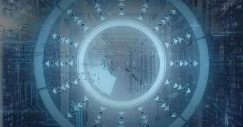 Projecting circular HUD interface into datacenter, with server racks, radial 库存照片