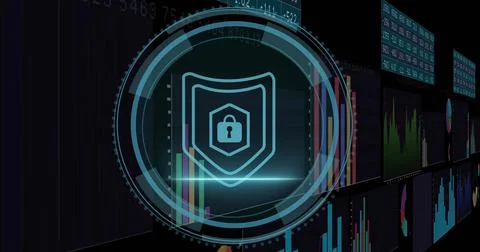 Projecting circular HUD with shield padlock over control room panels, showing Illustrazione stock