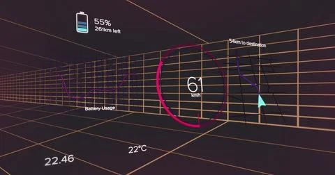 Projecting circular speedometer gauge reading 61 km or h on dark wireframe grid, Stock-Illustration
