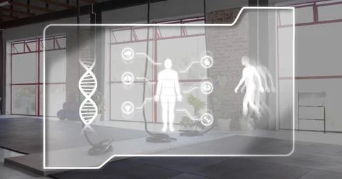 Projecting clear AR panel with DNA helix, biometric icons, motion blur at gym, Stock Photos
