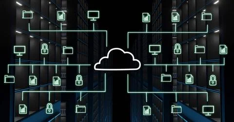 Projecting cloud icon sending neon cyan connections down server rack aisle, Stock Photos