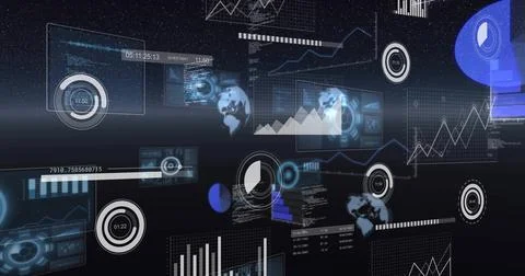 Projecting cluster of holographic dashboard elements floating in dark virtual Stock Illustration
