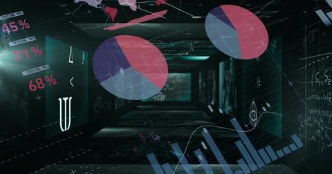 Projecting cluster overlaying vertical bar graphs inside data corridor with two Stock Illustration