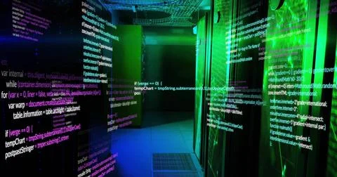 Projecting code across server racks in data center corridor, with cable trays 写真素材