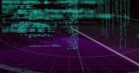 Projecting code blocks, binary code above virtual reality grid with markers and Stockfoto's