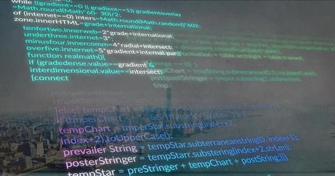 Projecting colorful code overlay covering window at waterfront, with skyline, Stock Photos