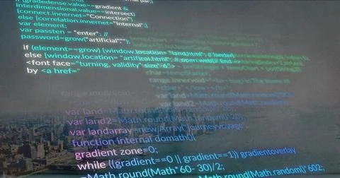 Projecting colorful programming code across textured wall and glass window, 写真素材