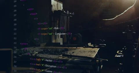 Projecting colorized HTML code across workshop bench, lighting metal shavings, Stock Illustration