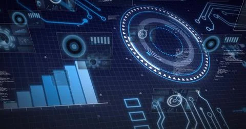 Projecting concentric circular HUD across dark blue grid, with stacked bars and Illustrazione stock